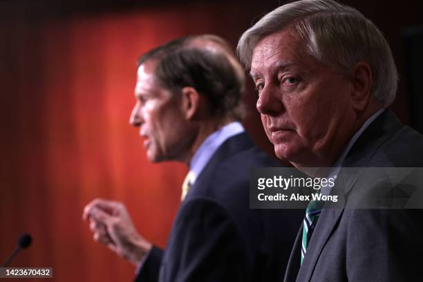 Sen. Lindsey Graham and Sen. Richard Blumenthal speak to members of the press during a news conference at the U.S. Capitol September 14, 2022 in...