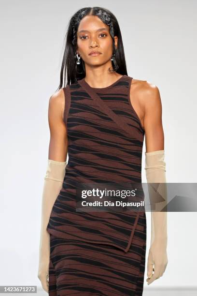 Model walks the runway for the Deveaux New York fashion show during September 2022 New York Fashion Week: The Shows at Gallery at Spring Studios on...