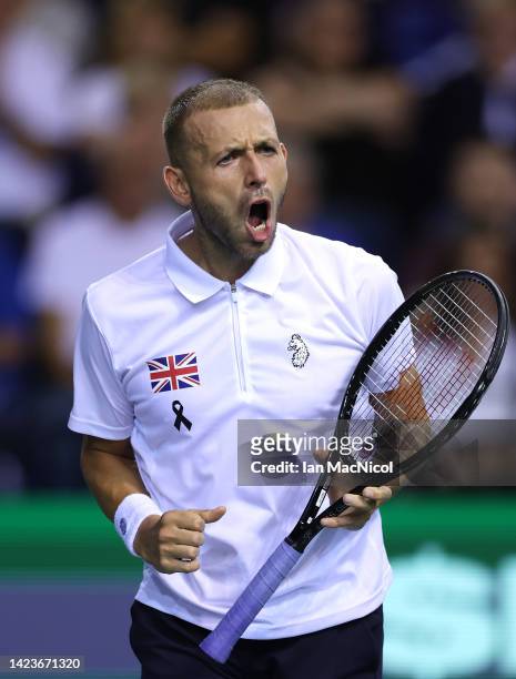 Dan Evans of Great Britain reacts during the Davis Cup Group D match between United States and Great Britain at Emirates Arena on September 14, 2022...