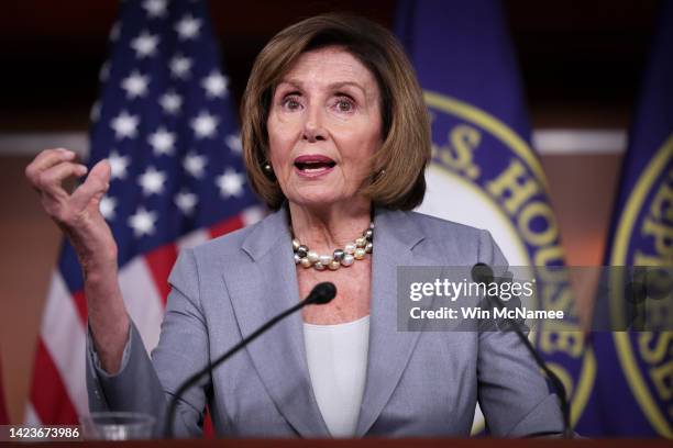 Speaker of the House Nancy Pelosi answers questions during her weekly news conference at the U.S. Capitol on September 14, 2022 in Washington, DC....