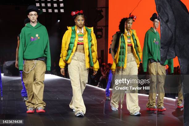 Model walks the runway during the PUMA presents Futrograde fashion show during New York Fashion Week at Cipriani 25 Broadway on September 13, 2022 in...