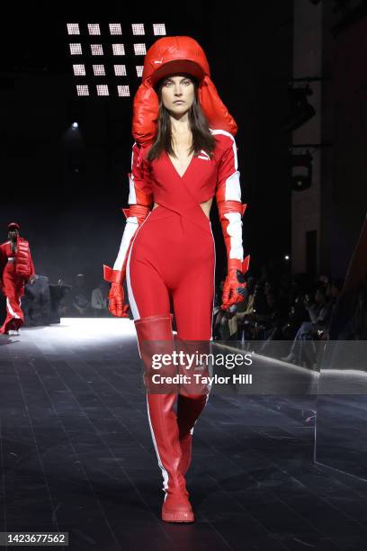 Model walks the runway during the PUMA presents Futrograde fashion show during New York Fashion Week at Cipriani 25 Broadway on September 13, 2022 in...