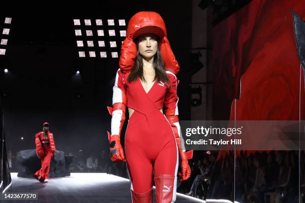 Model walks the runway during the PUMA presents Futrograde fashion show during New York Fashion Week at Cipriani 25 Broadway on September 13, 2022 in...