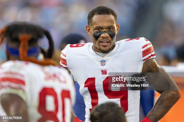 Kenny Golladay of the New York Giants on the sidelines during a game against the Tennessee Titans at Nissan Stadium on September 11, 2022 in...