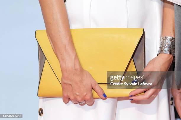 Julia Dorval, handbag detail, attends the photocall of the opening Ceremony during the La Rochelle Fiction Festival on September 13, 2022 in La...