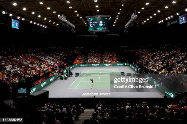 General view of the court at Pabellon Fuente De San Luis as Albert Ramos-Vinolas of Spain plays a backhand against Laslo Djere of Serbia during the...