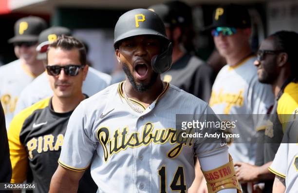 Rodolfo Castro of the Pittsburgh Pirates celebrates after hitting a three run home run in the third inning against the Cincinnati Reds at Great...