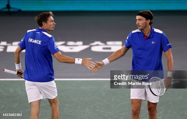 Nicolas Mahut and Arthur Rinderknech of France celebrate a point against Kevin Krawietz and Tim Puetz of Germany during the Davis Cup Group Stage...