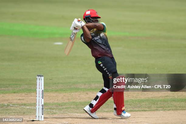 Evin Lewis of St Kitts & Nevis Patriots hits a four during the Men's 2022 Hero Caribbean Premier League match between Jamaica Tallawahs and St Kitts...