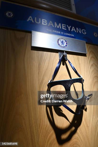 An eye mask of Pierre-Emerick Aubameyang of Chelsea is seen hung in the dressing room prior to the UEFA Champions League group E match between...