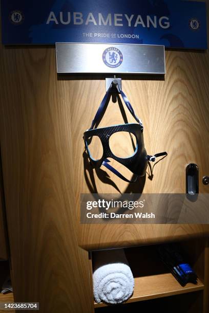 An eye mask of Pierre-Emerick Aubameyang of Chelsea is seen hung in the dressing room prior to the UEFA Champions League group E match between...