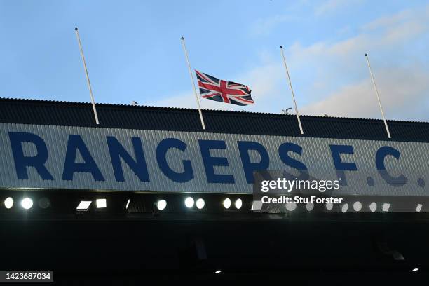 General view inside the stadium as the Union Jack flag is seen at half mast to pay tribute to Her Majesty Queen Elizabeth II, who died away at...