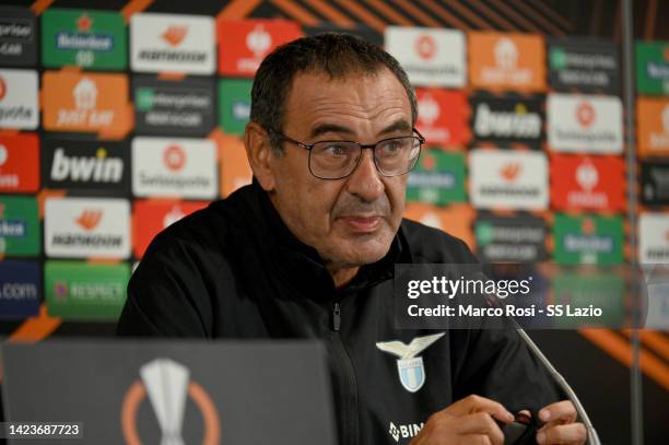 Lazio head coach Maurizio Sarri looks on during the press conference at the MCH arena on September 14, 2022 in Herning, Denmark.