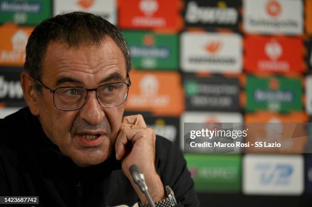 Lazio head coach Maurizio Sarri talks during the press conference at the MCH arena on September 14, 2022 in Herning, Denmark.