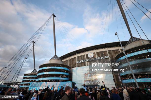 General view outside the stadium as fans arrive prior to the UEFA Champions League group G match between Manchester City and Borussia Dortmund at...