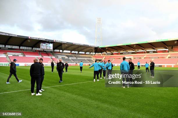 Players of SS Lazio walk the field during the walk around at the MCH arena on September 14, 2022 in Herning, Denmark.