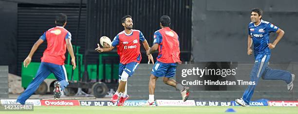 Mumbai Indians players play a game of Rugby during the net practice at M.A Chidambaram Stadium on April 2, 2012 in Chennai, India. The inaugural...