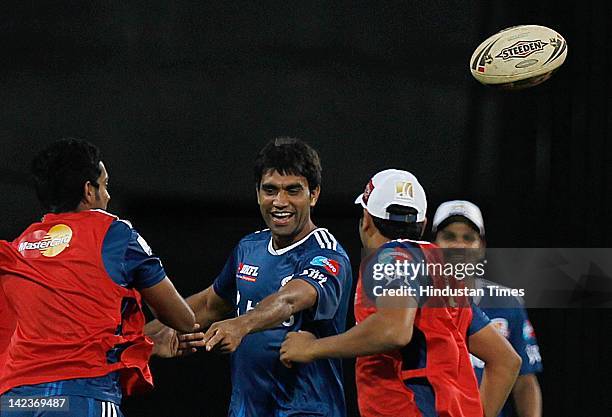 Mumbai Indians players enjoying the game of Rugby during the net practices at M.A Chidambaram Stadium on April 2, 2012 in Chennai, India. The...