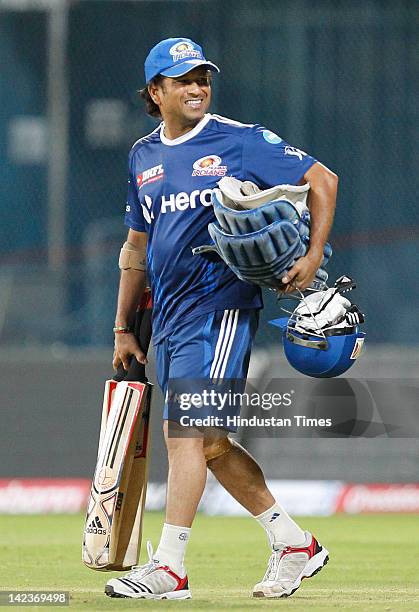 Sachin Tendulkar of the Mumbai Indians attends net practice at M.A Chidambaram Stadium on April 2, 2012 in Chennai, India. The inaugural match of...