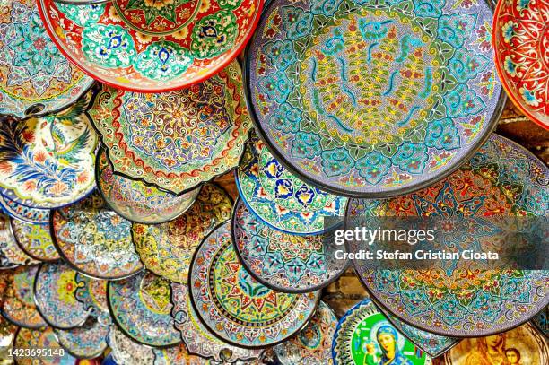 uzbekistan traditional uzbek pottery handmade ceramics in samarkand, uzbekistan - uzbekistan pottery stock pictures, royalty-free photos & images