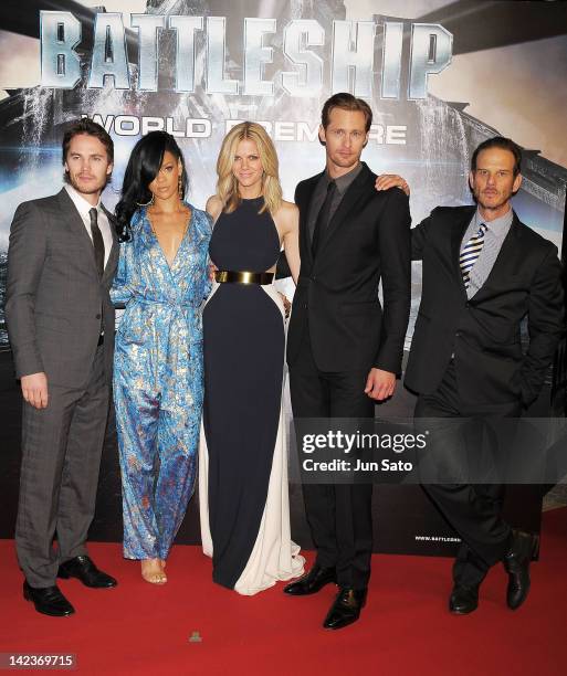 Actor Taylor Kitsch, actresses Rihanna, Brooklyn Decker, actor Alexander Skarsgard and director Peter Burg attend the 'Battleship' World premier at...