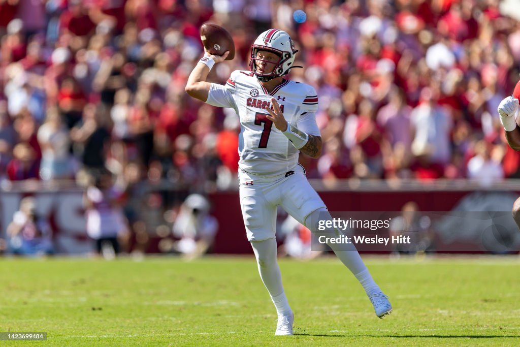 Arkansas Rattler Spencer Rattler of the South Carolina Gamecocks throws a pass during ...
