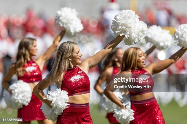 Pom Squad members of the Arkansas Razorbacks perform before a game against the South Carolina Gamecocks at Donald W. Reynolds Razorback Stadium on...