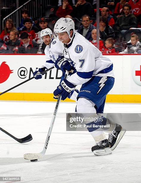 Brett Clark of the Tampa Bay Lightning skates during an NHL hockey game against the New Jersey Devils at Prudential Center on March 29, 2012 in...