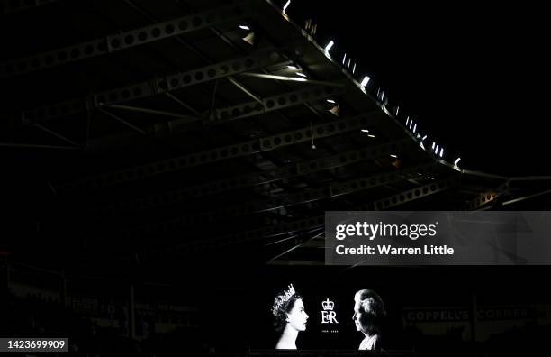 Tribute to Her Majesty Queen Elizabeth II, who passed away at Balmoral Castle on September 8, 2022 is seen inside the stadium prior the Sky Bet...