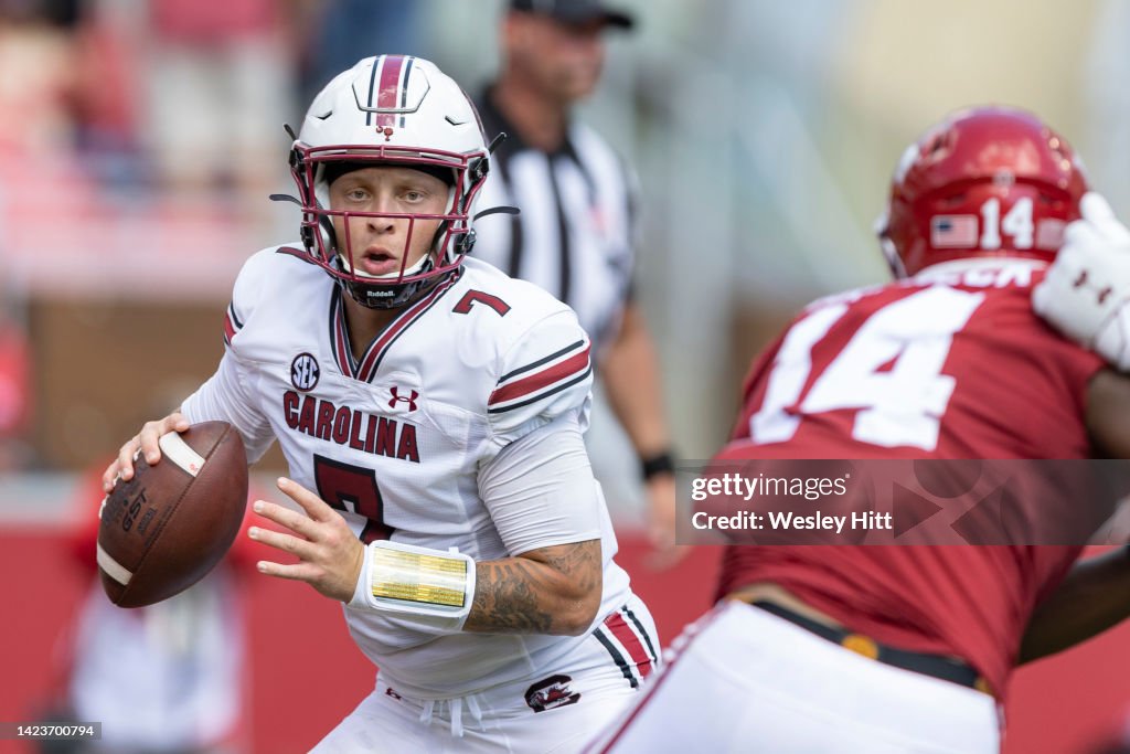 Arkansas Rattler Spencer Rattler of the South Carolina Gamecocks throws a pass away in ...