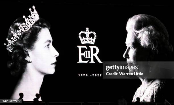 Tribute to Her Majesty Queen Elizabeth II, who passed away at Balmoral Castle on September 8, 2022 is seen inside the stadium prior the Sky Bet...