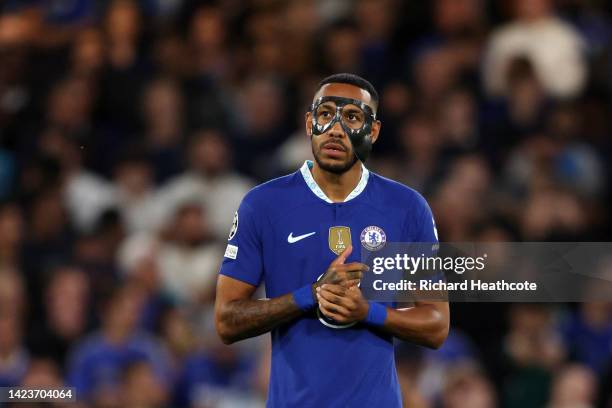 Pierre-Emerick Aubameyang of Chelsea looks on wearing an eye mask prior to the UEFA Champions League group E match between Chelsea FC and FC Salzburg...