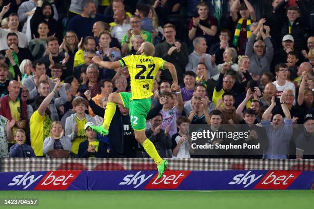 Teemu Pukki of Norwich City celebrates scoring his sides second goal during the Sky Bet Championship match between Norwich City and Bristol City at...