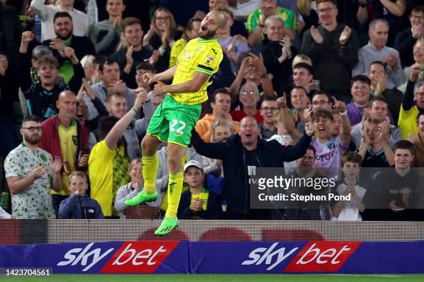 Teemu Pukki of Norwich City celebrates scoring his sides second goal during the Sky Bet Championship match between Norwich City and Bristol City at...