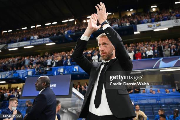 Graham Potter, Manager of Chelsea applauds the fans prior to the UEFA Champions League group E match between Chelsea FC and FC Salzburg at Stamford...