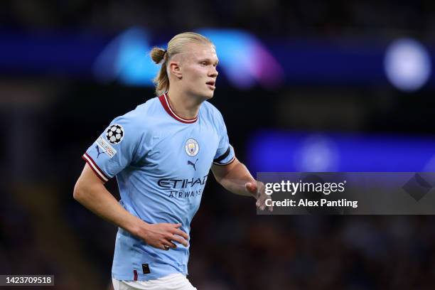 Erling Haaland of Manchester City looks on during the UEFA Champions League group G match between Manchester City and Borussia Dortmund at Etihad...