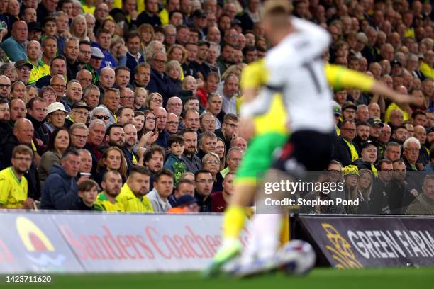 Norwich City fans look on during the Sky Bet Championship match between Norwich City and Bristol City at Carrow Road on September 14, 2022 in...