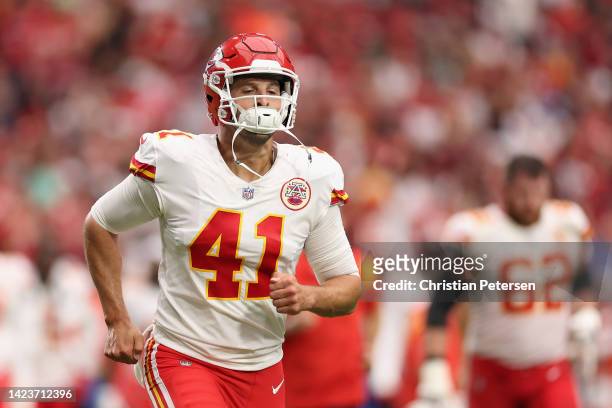 Long snapper James Winchester of the Kansas City Chiefs runs off the field during the NFL game at State Farm Stadium on September 11, 2022 in...