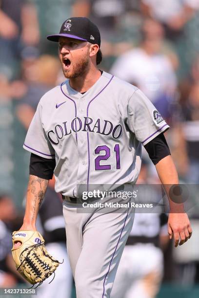 Kyle Freeland of the Colorado Rockies reacts against the Chicago White Sox during the fifth inning at Guaranteed Rate Field on September 14, 2022 in...