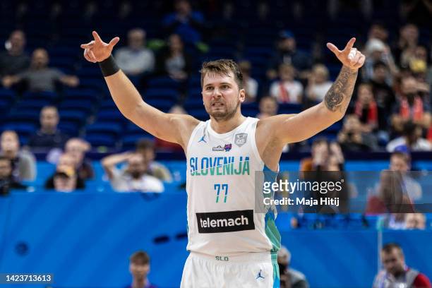 Luka Doncic celebrates during the FIBA EuroBasket 2022 quarterfinal match between Slovenia v Poland at EuroBasket Arena Berlin on September 14, 2022...