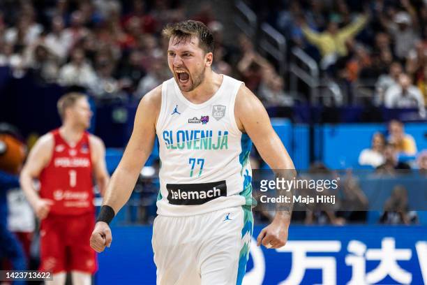 Luka Doncic celebrates during the FIBA EuroBasket 2022 quarterfinal match between Slovenia v Poland at EuroBasket Arena Berlin on September 14, 2022...