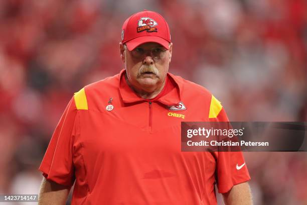 Head coach Andy Reid of the Kansas City Chiefs walks off the field during the NFL game at State Farm Stadium on September 11, 2022 in Glendale,...
