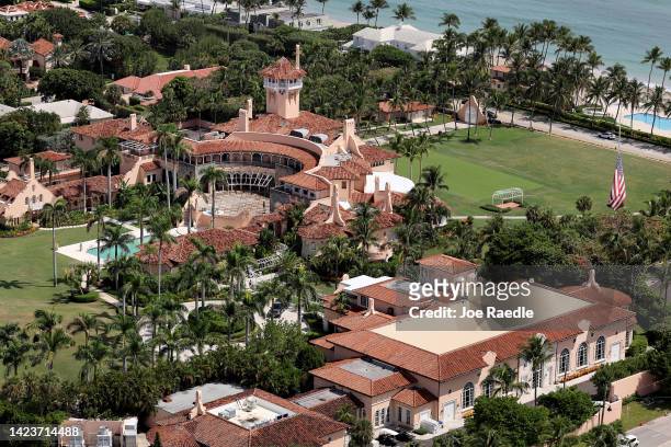In this aerial view, former U.S. President Donald Trump's Mar-a-Lago estate is seen on September 14, 2022 in Palm Beach, Florida. Trump's legal team...