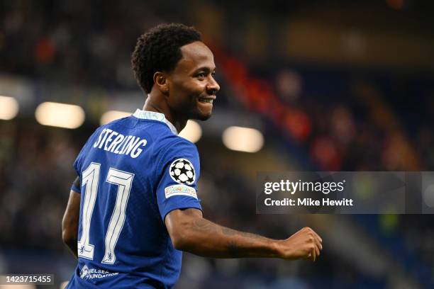 Raheem Sterling of Chelsea celebrates after scoring their side's first goal during the UEFA Champions League group E match between Chelsea FC and FC...