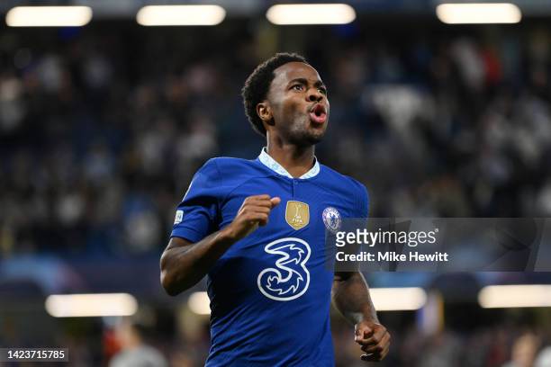 Raheem Sterling of Chelsea celebrates after scoring their side's first goal during the UEFA Champions League group E match between Chelsea FC and FC...