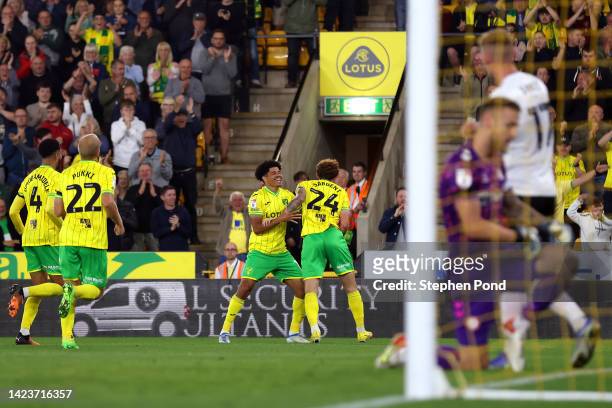 Josh Sargent of Norwich City celebrates scoring his sides' third goal during the Sky Bet Championship match between Norwich City and Bristol City at...