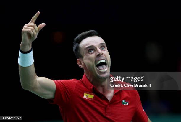 Roberto Bautista Agut of Spain celebrates match point against Miomir Kecmanovic of Serbia during the Davis Cup Group Stage 2022 Valencia match...