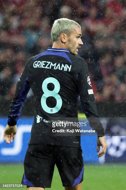 Antoine Griezmannof Atletico Madrid looks on during the UEFA Champions League group B match between Bayer 04 Leverkusen and Atletico Madrid at...