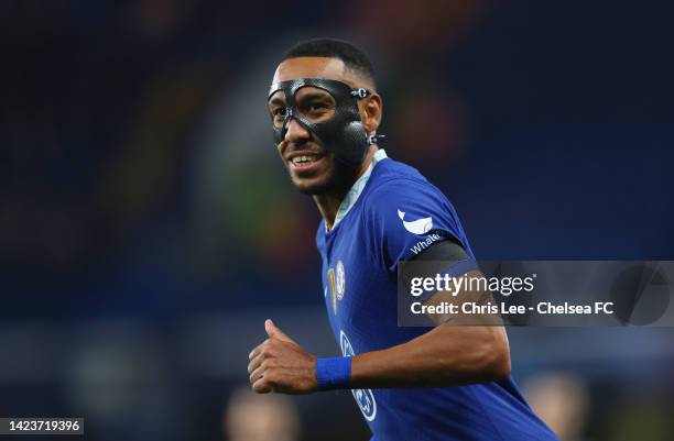 Pierre-Emerick Aubameyang of Chelsea wears a face mask during the UEFA Champions League group E match between Chelsea FC and FC Salzburg at Stamford...