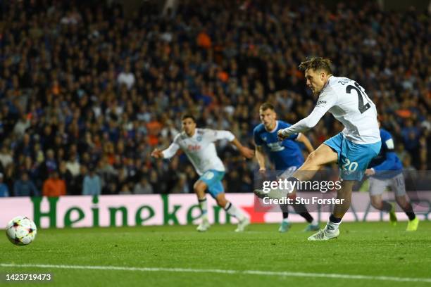 Piotr Zielinski of SSC Napoli takes a misses a penalty kick during the UEFA Champions League group A match between Rangers FC and SSC Napoli at Ibrox...